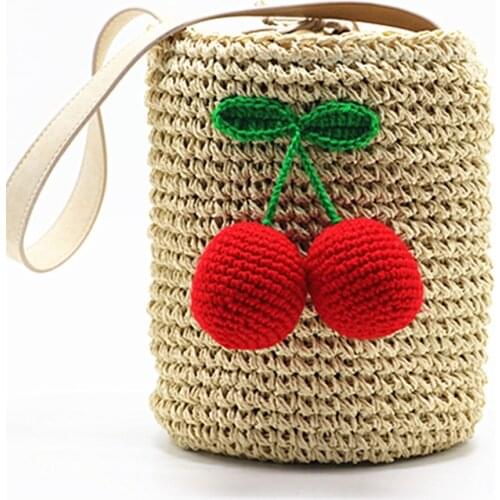 Cherry Pompon Summer Style Cylinders Handbags Bohemian Boho Indian Hair Straw Bag Thai Woven Beach Bag