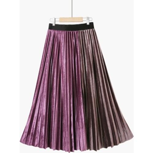 Chic Korean Velvet Pleated Skirt Women 2020 Spring A-line Mid Skirts Women Contrasting Color Stitching Autumn Skirt Female
