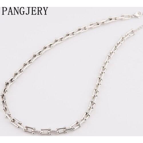PANGJERY 925 Sterling Silver Chain Necklaces for Women INS Fashion Simple Tandem Horseshoe Shape Anniversary Fine Jewelry Gifts