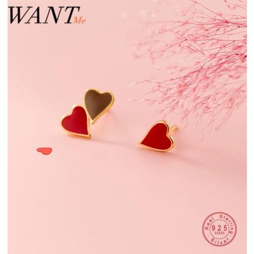 WANTME 925 Sterling Silver Trendy Korean Sweet Red Enamel Love Heart Unique Stud Earrings for Women Chic Teen Party Jewelry Gift