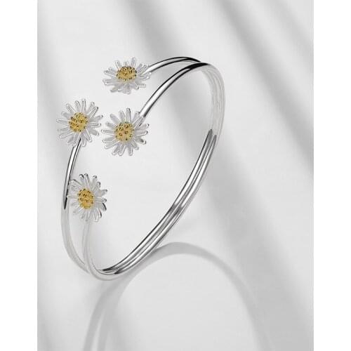 925 Sterling Silver Daisy Flower Charm Bracelet &Bangle For Women Elegant Cuff Bangle Bracelet Wedding Party Jewelry Gift