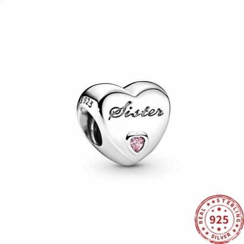 Real 925 sterling silver Beads Sister Pink CZ Charm Suitable fit Original Pandora Women Bracelet Jewelry 2021