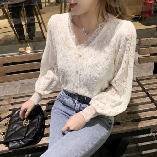 2021 Lace Chiffon Women Top Hollow Out Spring Summer Korean V-neck Long Sleeve Sexy Casual Solid Vintage Chic Crop Top