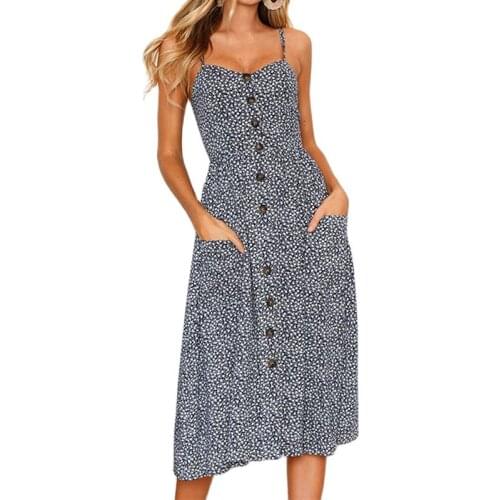 Womens Summer Black Leisure Dresses Floral Bohemian Adjustable Spaghetti Strap Button Down Swing Midi Dress with Pockets