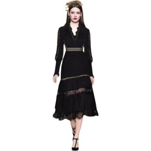 2021 New Arrival Spring Autumn Women Sexy V-Neck Lantern Sleeve Long Dress High-end Custom Hollow Out Pleated Runway Dress