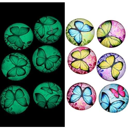 10/12/14/16/20mm Fluorescent Glass / Luminous Colorful Butterfly Pattern Handmade Photo Glass Cabochons Dome Cover DIY Jewelry