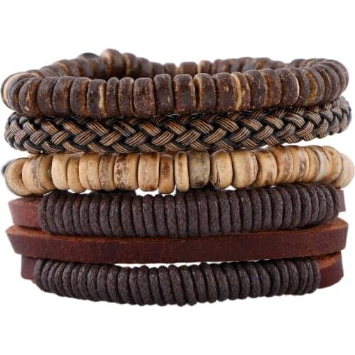 4Pcs/Set Boho Gypsy Hippie Punk Wooden Beige Coconut Shell Bead Dark Brown Leather Cord Wrap Macrame Wrap Bracelets Set for Man