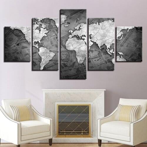 5 Pieces HD Prints Modular Vintage Posters Framework Retro World Map Paintings Bedroom Living Room Canvas Wall Art Pictures Home
