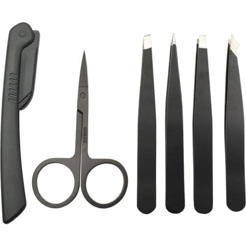 6Pcs Professional Stainless Steel Eyebrow Tweezers Set Hair Slant Tool Eyebrow Clip Stickers with Case Makeup Tool Set