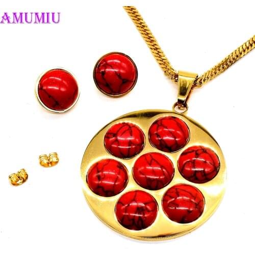 AMUMIU Red Ball Top Quality Exquisite Women Wedding Necklace Earrings Pendant Jewelry Set Gold JS065A