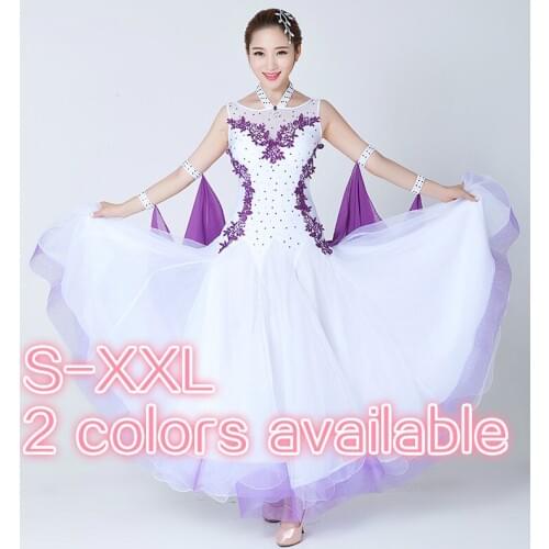 Ballroom dance dress sleeveless waltz Decal dress floating cuff mesh dress hem