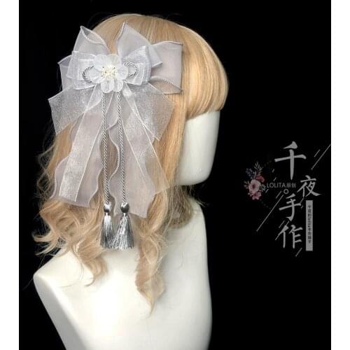 Lolita Kawaii Big shiny organza Bow Long Tassel hairpin Fairy Cosplay Headwear hairpin KC Soft Sister Girl Grey Hair Ornaments