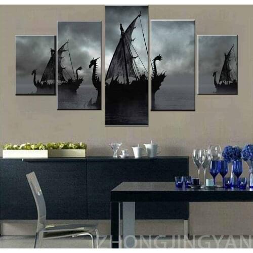 Black and White Painting Sailing Ship Artwork Fantasy Boat Pictures for Living Room 5 Panel Dragon Canvas Wall Art Modern Home D