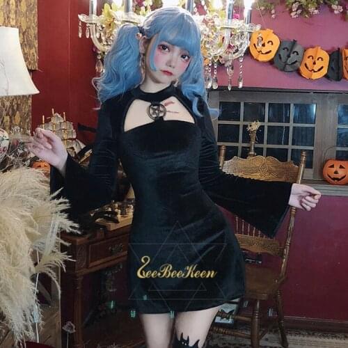Adult Black Sexy Tight Dress Vintage Punk Dress Halloween costumes for women Gothic Black Dress Cool Girls Cosplay Costume