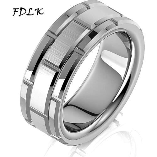 FDLK 8mm Stainless Steel Ring Brushed Silver Brick Pattern Groove Ring Comfort Fit Wedding Bands for Mens Fashion Jewelry