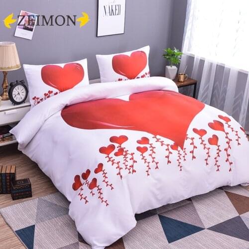 ZEIMON Room Decor Home Bedding 2/3pcs Red Heart Printing Queen Size Pillowcase&Duvet Cover Set Polyester Bedclothes