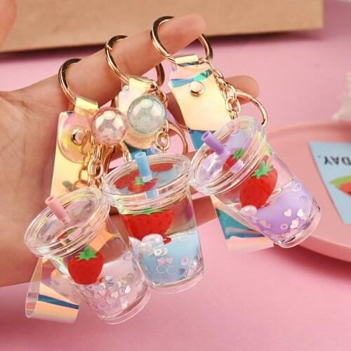 Creative Fruit Strawberry Milk Tea Cup Keychain Floating Quicksand Acrylic Keyring Women Men Car Bag Pendant Key Holder Gifts