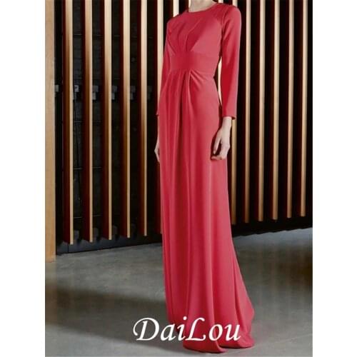 Sheath/Column Minimalist Elegant Wedding Guest Formal Evening Dress Jewel Neck Long Sleeve Floor Length Chiffon with Pleats 2021