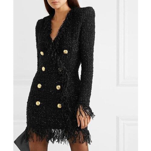 2020 Spring New Style Women Double Breasted Dress Lion Buckle Bright Satin Fabric Mini Dress Woolen Tassels Lady Party Dresses