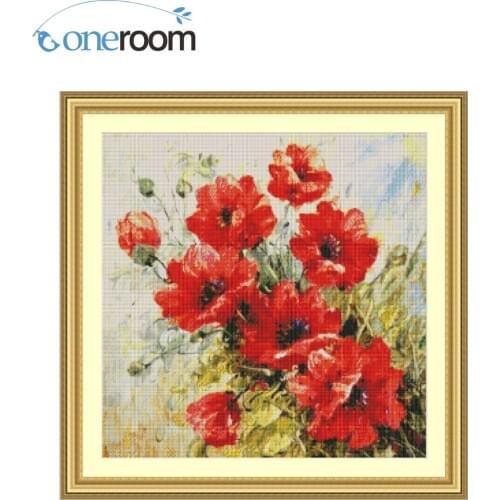 -Oneroom 56-55 Red Flowers Counted Cross Stitch Cartoon Cross Stitch 14CT Cross-Stitch Kit Handmade Embroidery Needlework