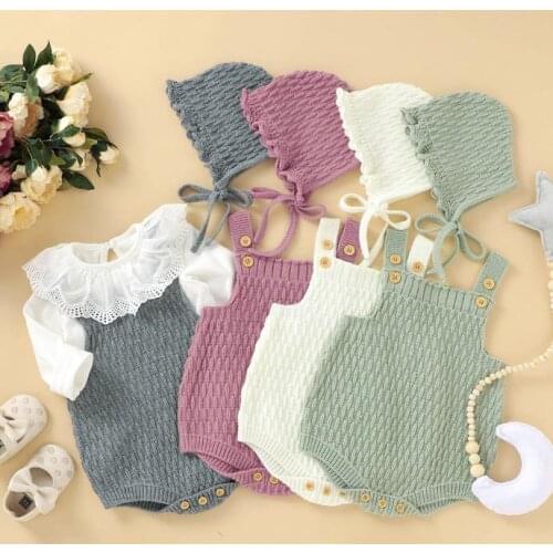 2 Pcs Baby Kids Winter Autumn Knit Sleeveless Triangle Crotch Button Sweater Bodysuits One-Piece with Solid Windbreak Hat