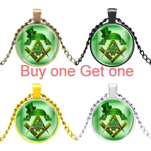 Four Leaf Clover Freemason Black Glass Dome Pendant Necklace Men Women Masonic Jewelry Accessories Gifts