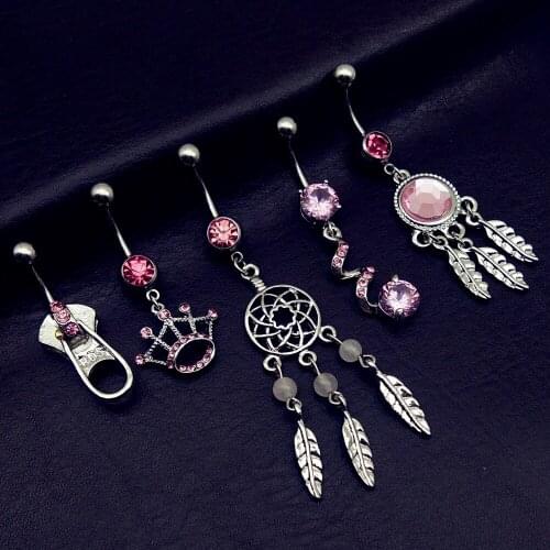 5pcs 2019 new arrivals luxury pink cz zipper crown Dream Catcher dangling navel belly bar button rings body piercing jewelry