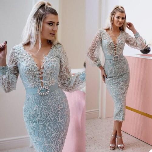 Luxury Prom Dresses V Neck Long Sleeve Lace 3D Floral Appliqued Beaded Evening Custom Made Dress