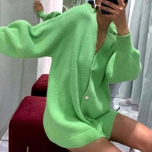 Chic Casual Womens Knit Sweater Coat Button Long Puff Sleeve Solid Cardigans New Autumn 2021 Outerwear Loose Cardigan Sweaters