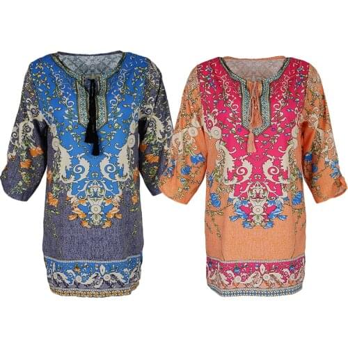 Traditional Women Ladies Folk Ethnic Mexican Loose Casual Hippie Gypsy Blouse Boho Flower Print Mini Dress