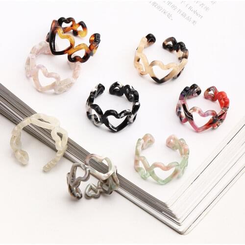 Leopard Heart Vintage Colorful Plastic Twisted Hollow Finger Ring Geometric Opening Resin Acetic Acid Acrylic Chain Ring