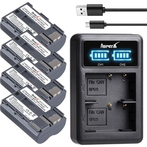 4Pcs BP 511 511A BP-511 BP-511A Battery Bateria + LED Dual Charger for Canon EOS 300D 50D 40D 30D 20D 5D G6 G5 G3 G2 G1 MV300i
