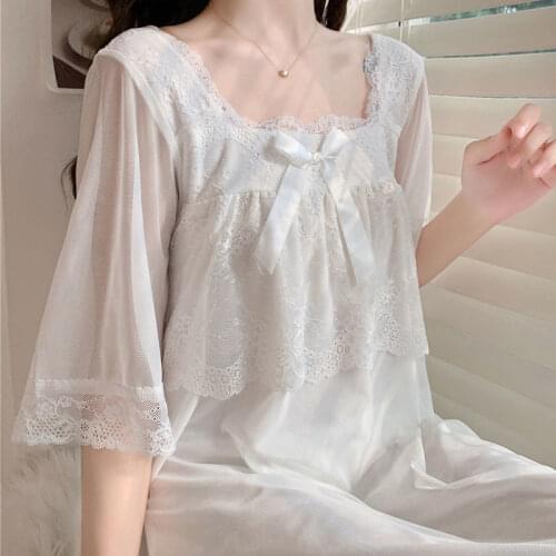 Women Lolita Night Dress Fairy White Mesh Nighty Short Lace Peignoir Victorian Vintage Nightgown Kawaii Sleepwear Girl Nightwear