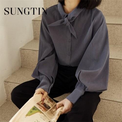 Sungtin Vintage Lantern Sleeve Blouse Women Office Lady Solid Shirt High Quality Loose Solid Korea OL Casual Tops Lace Up Design