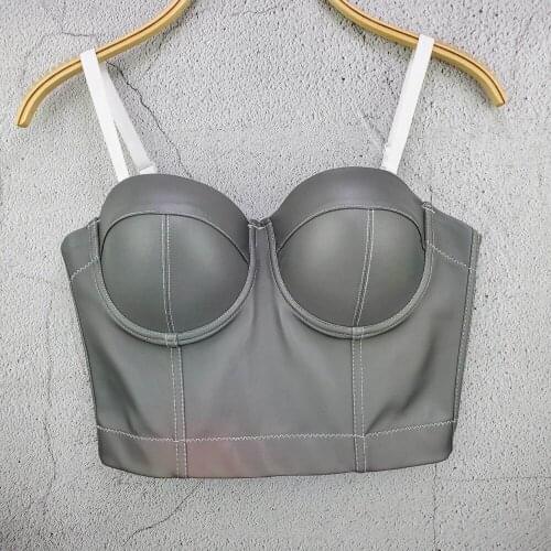Cupnaya Women Gray PU Leather Crop Top Spaghatti Strap Bustier Sexy Clubwear Ladies Designer Corset Bralette Tube Vest Tee