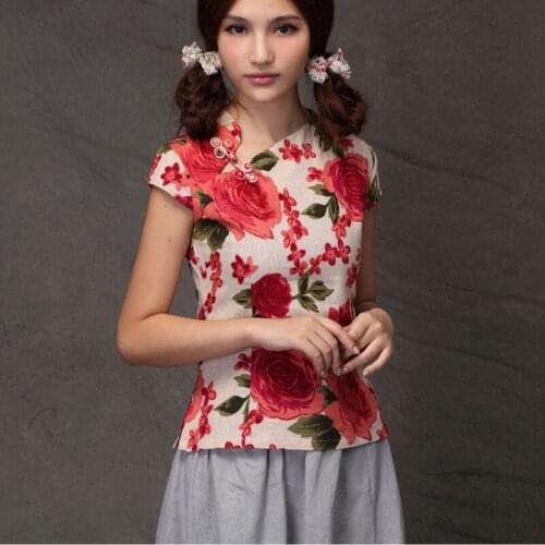 New Chinese cheongsam tops women cotton linen button short-sleeved shirt Crescent collar Chinese clothing Chinese blouse shirt