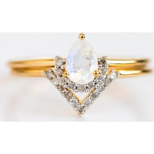 Double Layer Water Drop Crystal Gold Rings For Women Promise Wedding Ring Sets Designer Jewelry New Arrival 2020