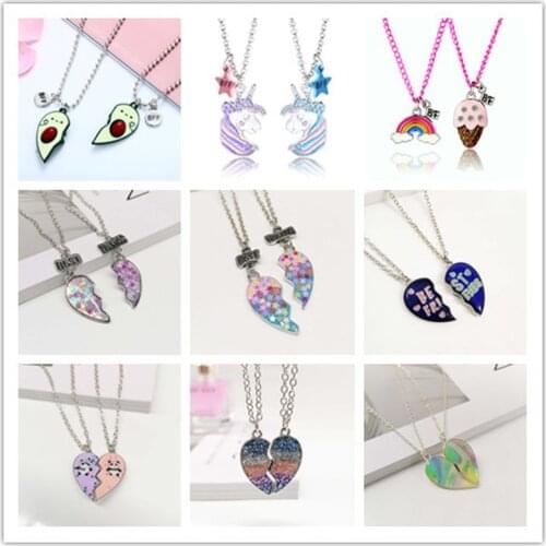 2Pcs/Set Pink Blue Sequin Avocado Stitching Heart Broken Best Friends Necklace Pendant Chain Kids BFF Friendship Jewelry Gifts