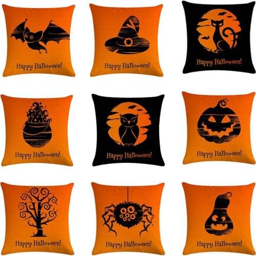 45x45cm Happy Halloween Printed Cushion Cover Cat Bat Pumpkin Decoration Cotton Linen Throw Pillow Cover Square Pillowcase