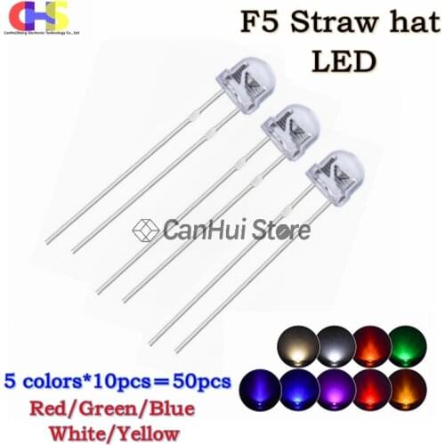 50PCS 5mm Straw Hat Clear LED Diode F5 White Red Yellow Green Blue Orange Pink Purple RGB DIY Light Emitting Diode Lamp Bead