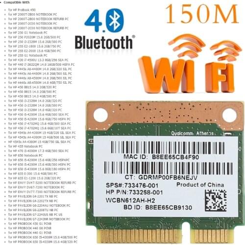 802.11b/g/n WiFi Bluetooth 4.0 Wireless Half Mini PCI-E Card For HP Atheros QCWB335 AR9565 SPS 690019-001 733476-001
