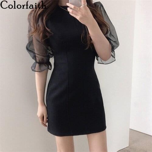 Colorfaith New 2020 Womens Summer Dresses High Waist Casual Puff Sleeve Patchwork Vintage Tulle Package Hip Mini Dress DR1289