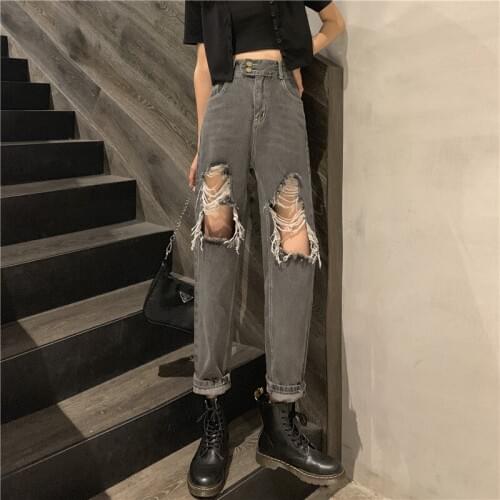 Denim Pants 2020 new female Korean high waist ripped jeans fashion autumn loose jeans trousers with big hole