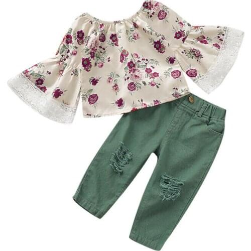 Boutique Girl Clothes 2019 Kids Baby Girl Clothes Flare Sleeves Floral Print Tops +Shirt Ripped Pants Outfit Set 1-6Y