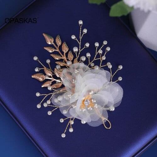 Elegant Floral Hair Pins White Lace Yarn Flower Gold Leaf Pearl hairpin Wedding Headpieces Bridal Hair Accessories VL
