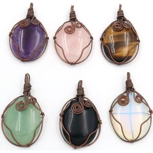FYJS Unique Copper Plated Handmade Wire Wrap Oval Shape Amethysts Stone Pendant Rose Pink Quartz Jewelry
