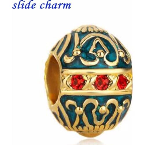Slide charmc Free shipping Valentines Day gift Red crystal blue enamel egg pattern porcelain rice antique charm beads fit Pan