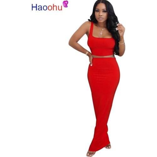 HAOOHU Women solid mini tank tops maxi midi skirts suit two piece set sport matching set outfit casual long dress tracksuit