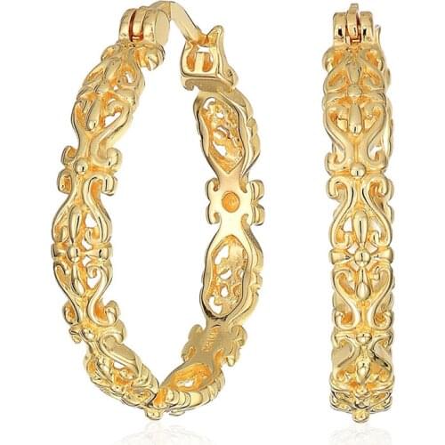 Huitan New Romantic Round Hoop Earrings for Women Hollow Out Pattern Circle Metal Gold Color Female Party Trendy Jewelry Earring