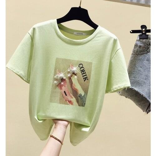 Summer O neck Beaded Shoes print Short Sleeves T Shirt Top Female Tshirt Loose Women Fashion Graphic T-Shirt 2021woman tshirts